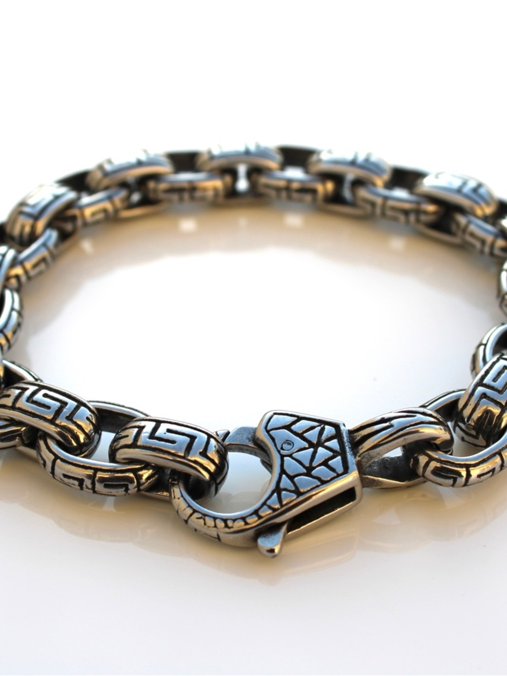 Men's Silver Link Bracelet with Greek Key Detailing